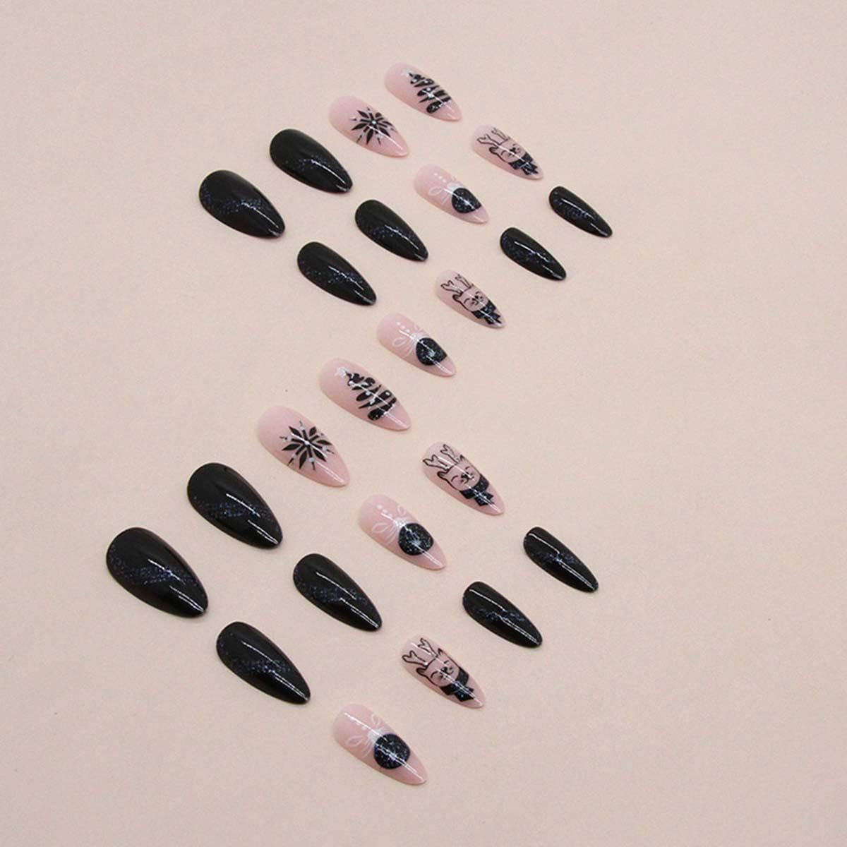 Winter Xmas Press on Nails Medium Almond Fake Nails Black Christmas Nails Press ons with Snowflake,Xmas Tree Design,Reusable Artificial Nail Full Cover Stick on Nails for Women Manicure 24 Pcs