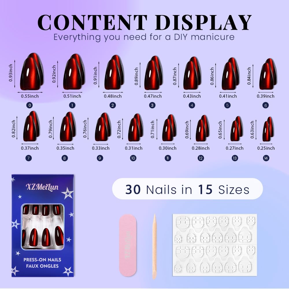 XZMeiLun Cat Eye Deep Red Press On Nails Almond Medium, Magnetic Acrylic Fake Nails Stylish Design, Salon-Quality Shiny Finish, Reusable Stick On Nails Kit for Women, Daily Wear (No Glue Included)