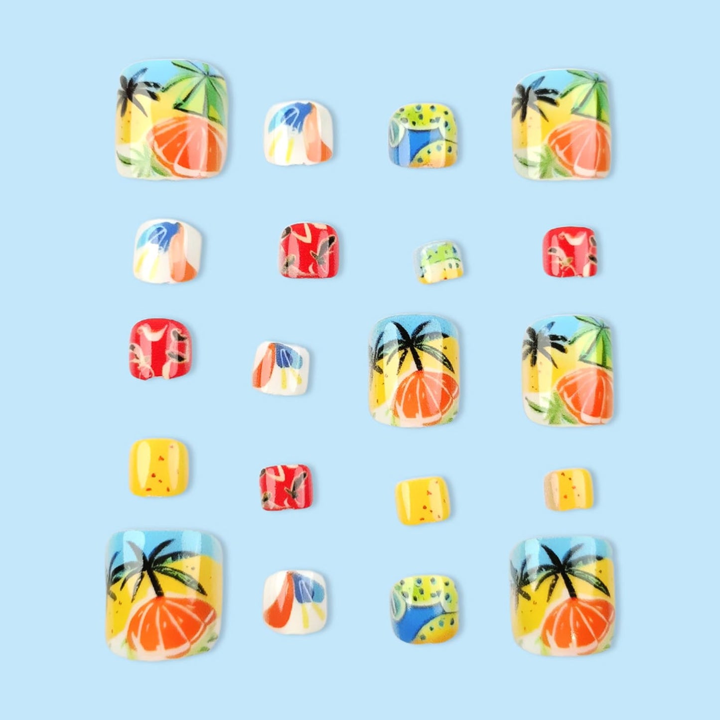 Summer Beach Press on Toenails Short Fake Toe Nails with Orange Coconut Tree Seagull Designs Summer Toenail Press ons Glossy Acrylic False Toenails Reusable Glue on Toe Nails for Women