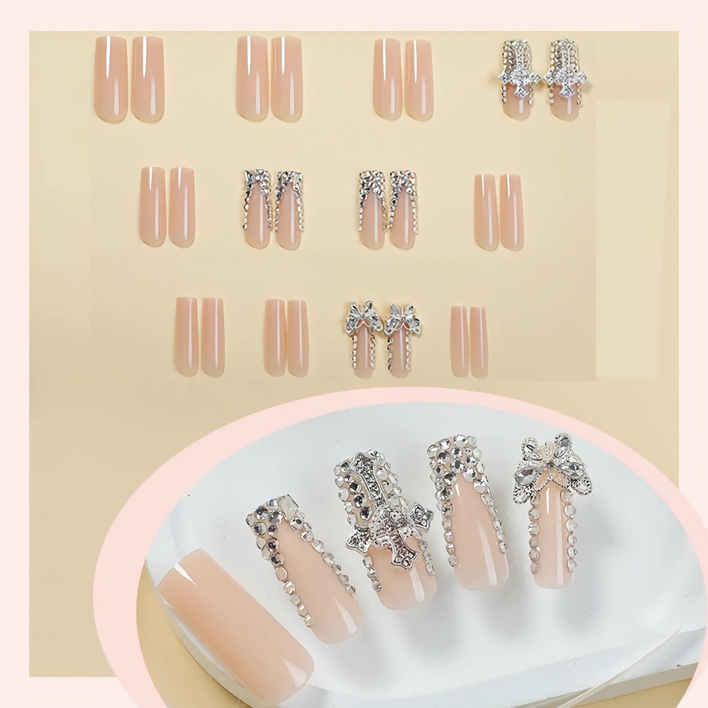 BABALAL Long Square Press on Nails - Rhinestone French Tip Metallic Cross Butterfly Charm Luxury Goth Bling Acrylic Squoval Glue on Nails 24 Pieces