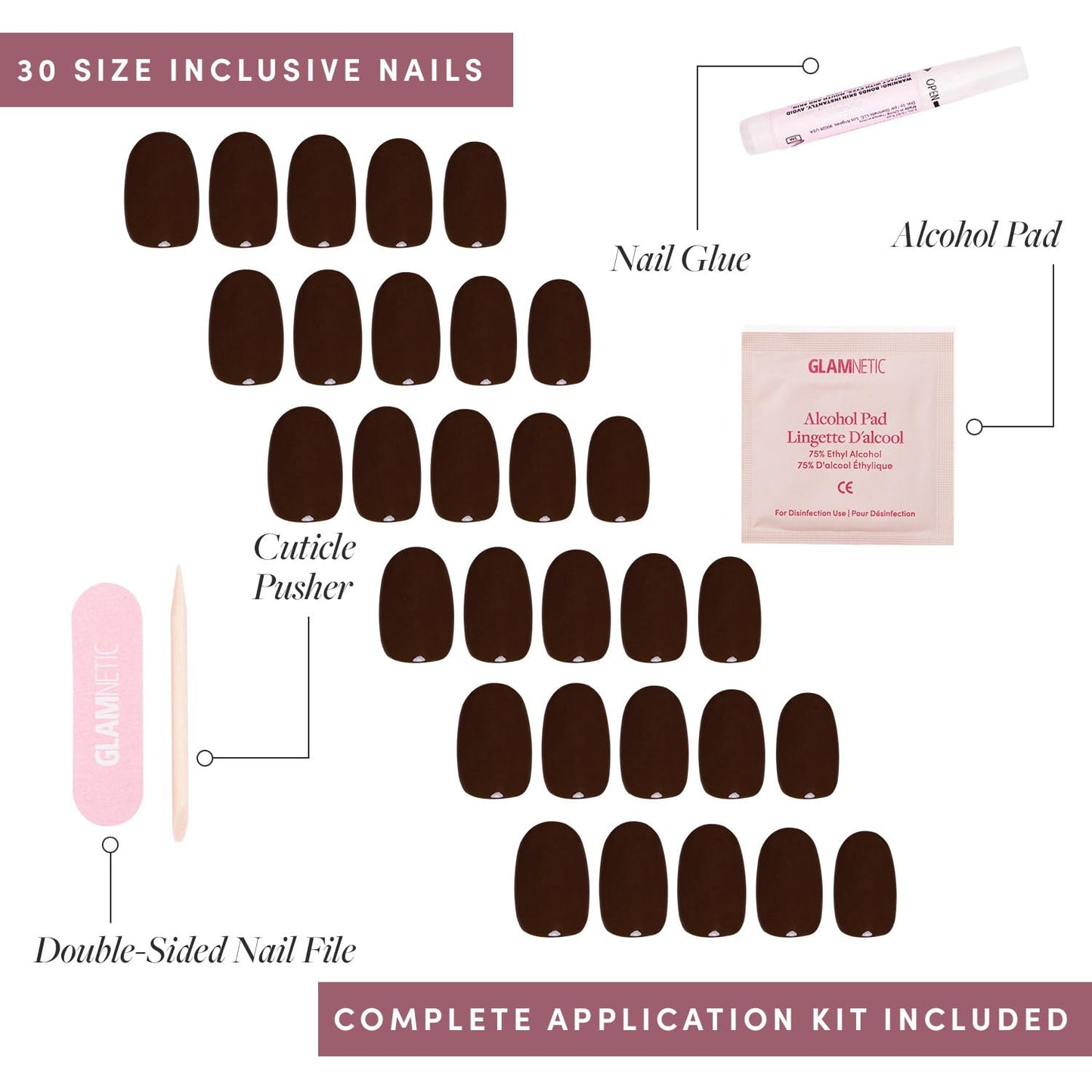 Glamnetic Press-On Nails Bundle - Bark Brown, Caviar & Boba | Dark Brown Round False Nails | Almond Black French Tip Fake Nails | Opaque Black Almond Nails