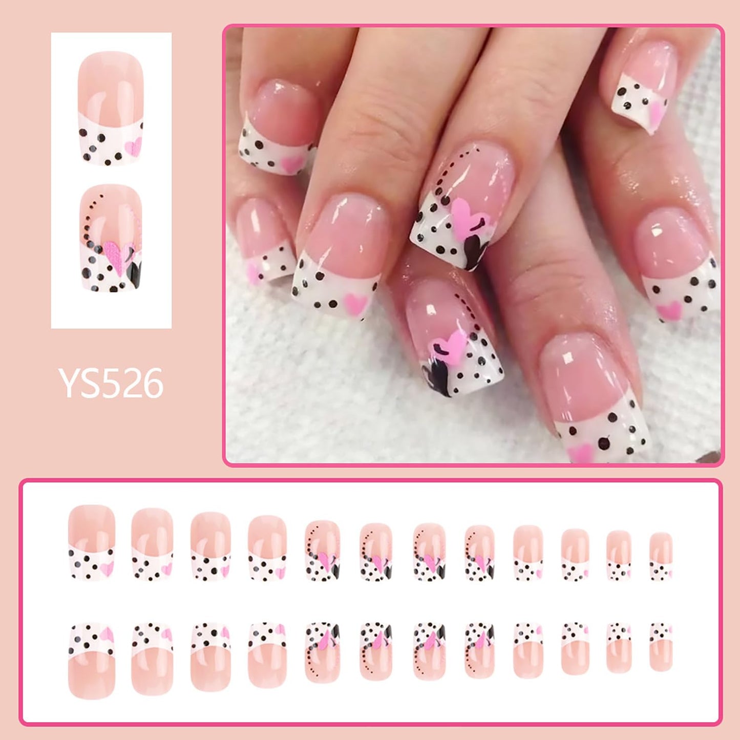 FIEONCIY Press on Nails Short Square Glossy Full Cover Acrylic Short Square False Nails with Heart Designs Artificial Square Fake Nails Glue ons Fingernails for Women Girls(YS526)