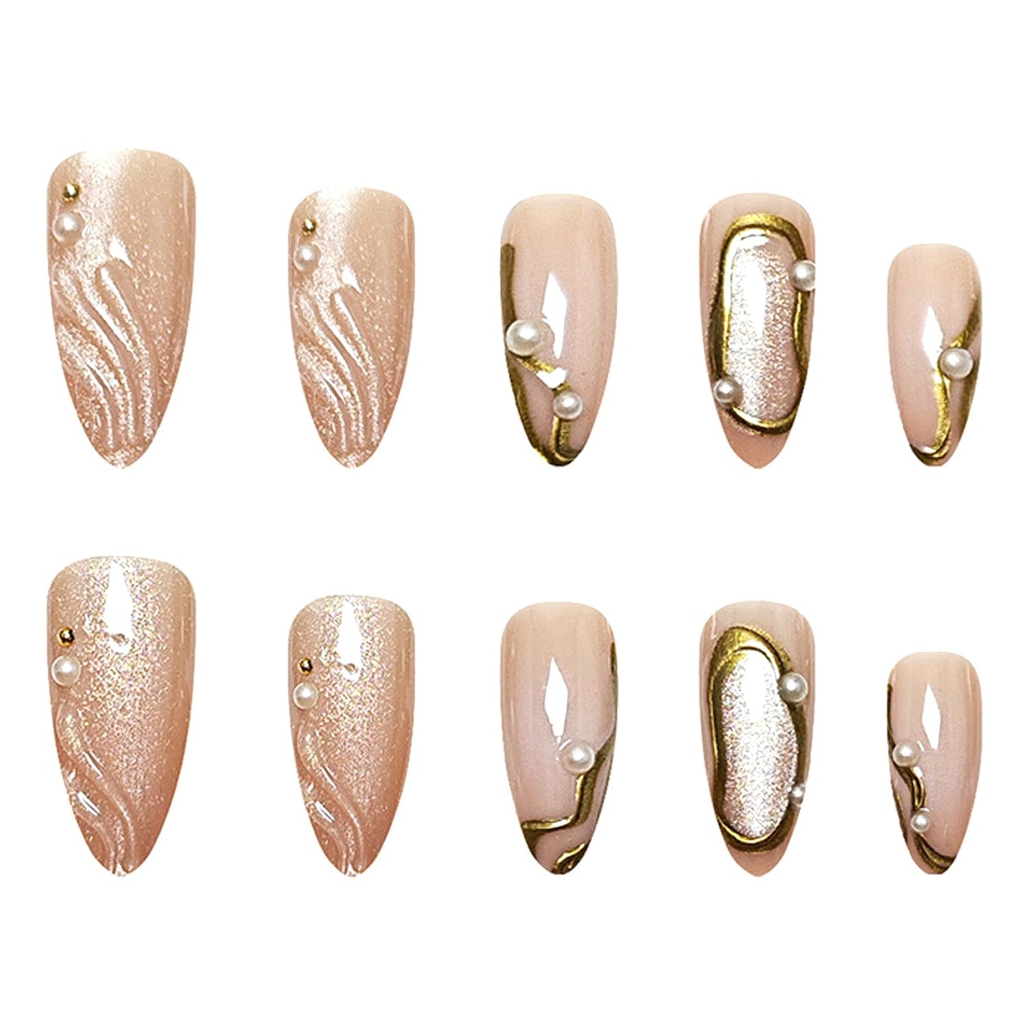 Chrome Gold Press on Nails Medium Almond Fake Nails Gilded False Nails 3D Gold Beads Pearls Press on Acrylic Nails Water Ripples Stick on Nail Shiny Glitter Full Cover Glue on Nail for Women 24Pcs