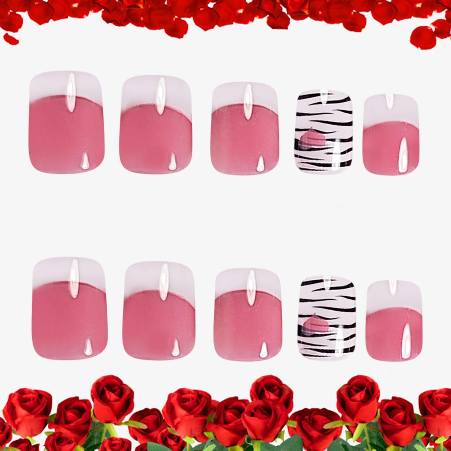 24Pcs Valentines Press on Nails Short Square Artificial Acrylic French White Tip Fake Nails Black Lines with Pink Love Full Cover Glossy Glue on Nail Heart Stick on Nail for Women Festival Manicure
