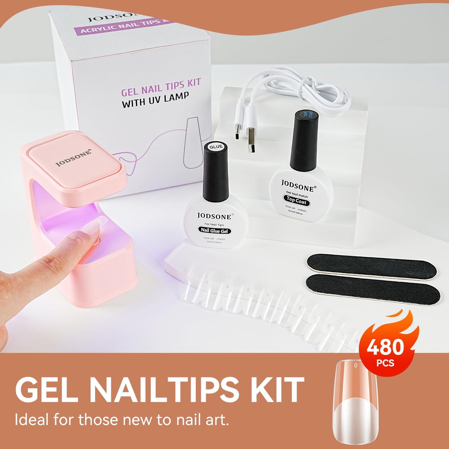 JODSONE Gel Nail Kit Square Nail Tips 480PCS Mini Rechargeable Nail Lamp Pre Shaped Clear Full Cover Fake Nails Tips with Nail Glue & Top Coat U V LED Curing Lamp DIY Manicure Gifts for Women