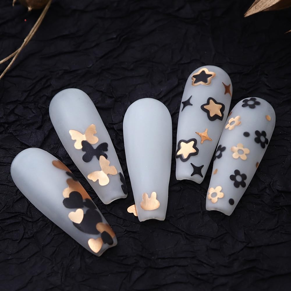 1 Box 2 Color Holographic Butterfly Hearts Nail Glitter Black Gold Nail Sequins 3D Star Flower Nail Flakes Sparkly Powder Flakes Shiny Nail Confetti Rabbits Chunky Glitter for Nails Art 12 Grids