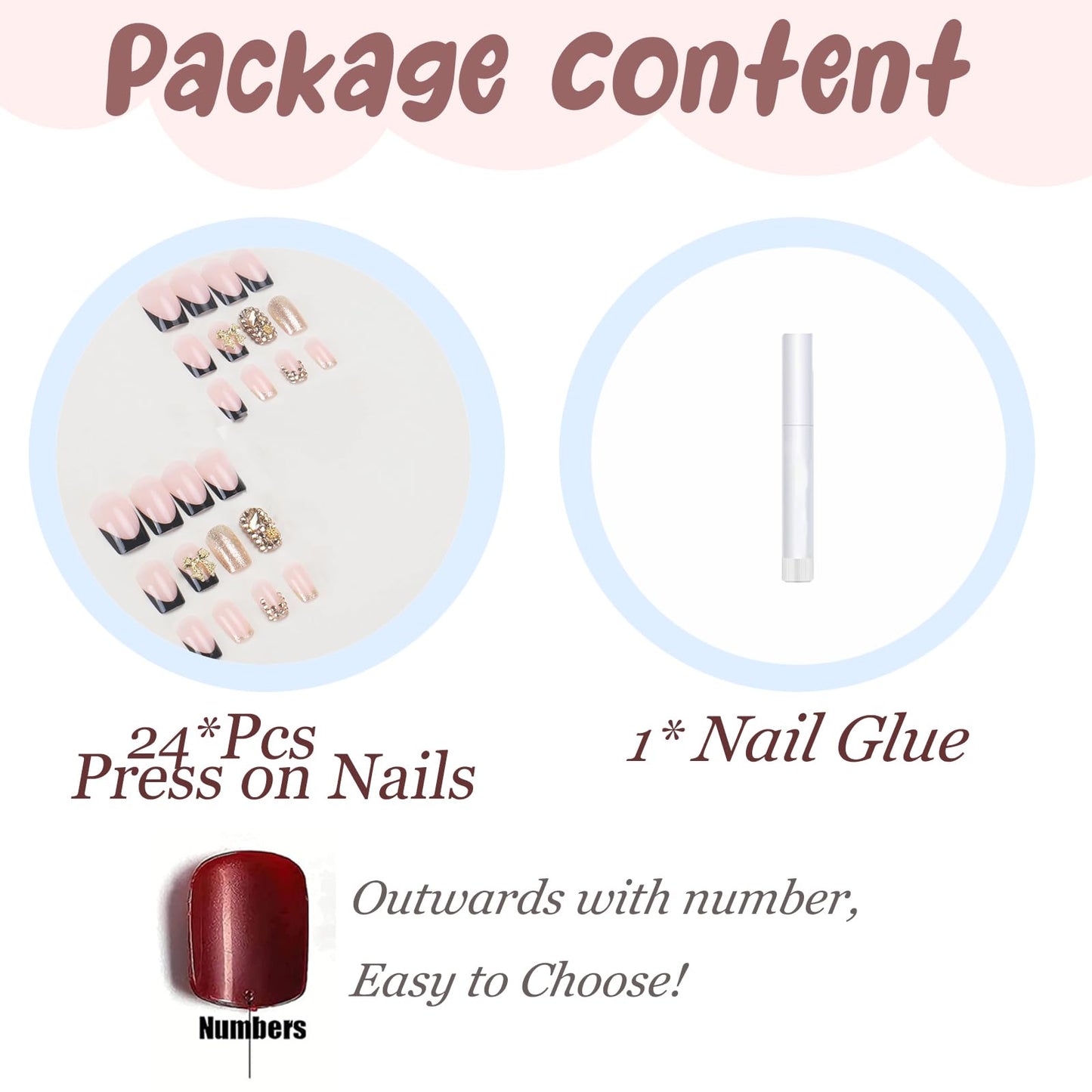 BABALAL Press on Nails Short Black Gold Fake Nails Square Glue on Nails French Tip Rhinestone Luxury Acrylic False Nails with Bow Charm Bling Gel Nails 24Pcs Handmade Squoval Nails for Women Girls