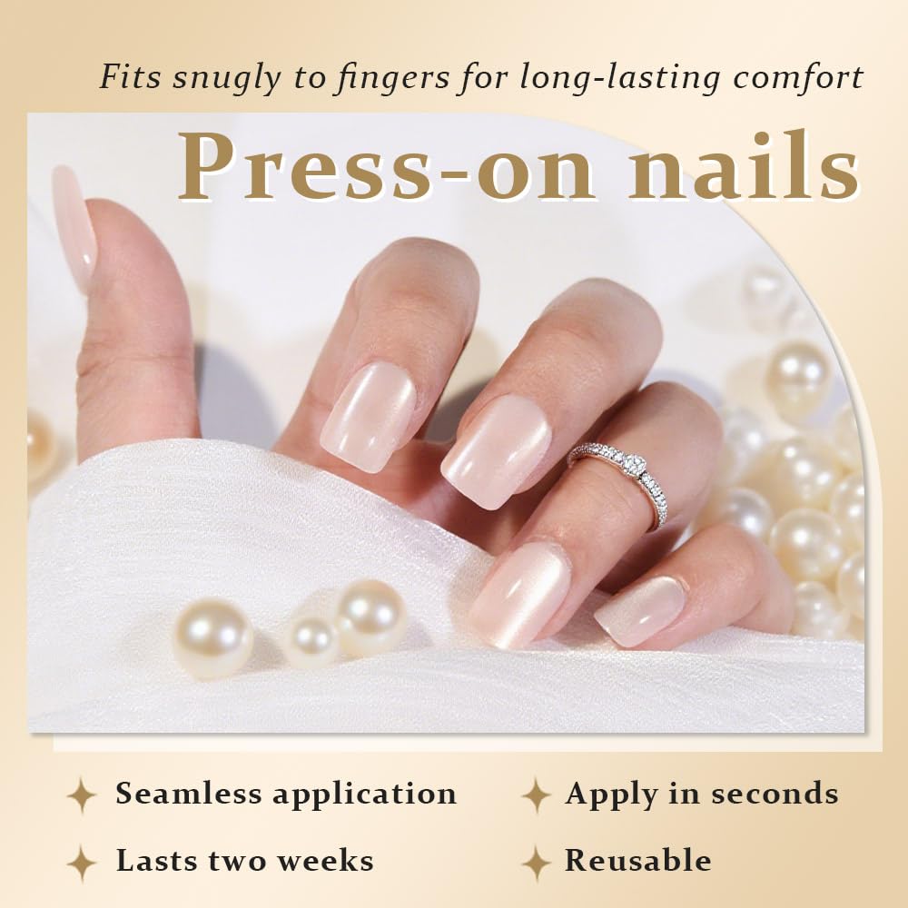 evpct Nude Cat Eye Short Press on Nails Square, Stick on Nails Short Square for Women Gift, Pearl White Metallic Glitter Glossy Reusable Spring Summer Soft Gel Press on Acrylic Fake Nail with Designs