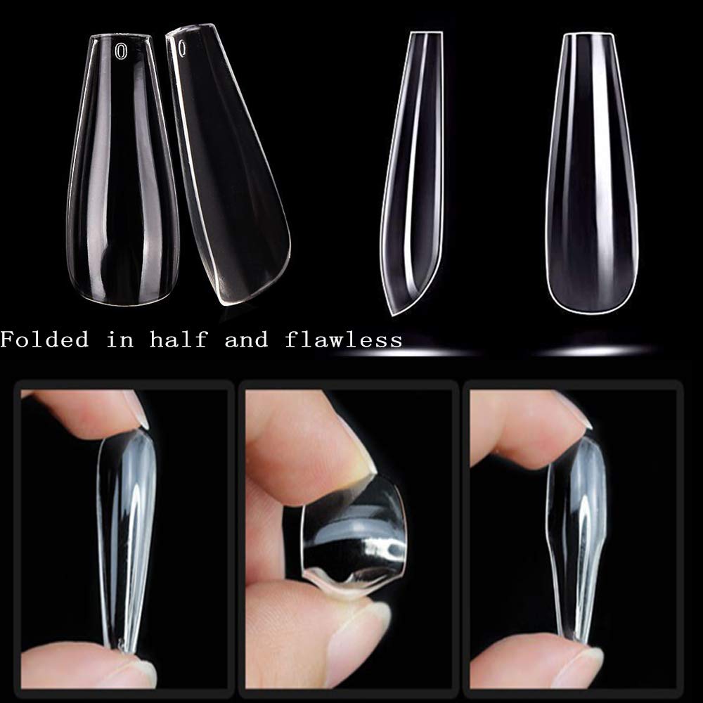 600pcs Long Coffin Fake Nails - Full Cover Natural Ballerina False Nail Acrylic Nail Tips with Case, Artificial Nails10 Sizes for Nail Salons and DIY Manicure
