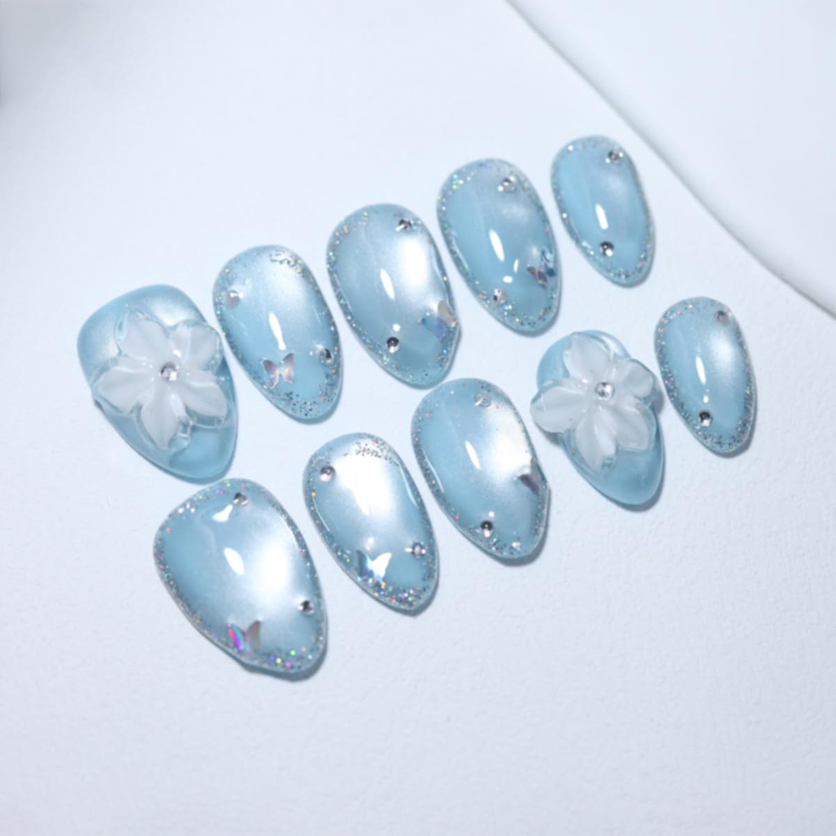 10 Pcs Short Almond Handmade Press On Nails | Sky Blue Cat Eye with 3D Floral & Rhinestone Accents | Reusable, Easy to Apply & Remove, Salon-Quality Manicure (RR16, XS)