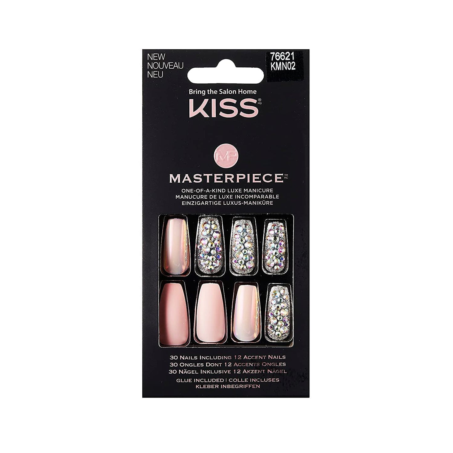 KISS Masterpiece One-Of-A-Kind Luxe Manicure, Premium Acrylic Fake Nails with Pink Gel Nail Glue, Manicure Stick, Mini Nail File, & 30 Glue On Nails Including 12 Accent Nails