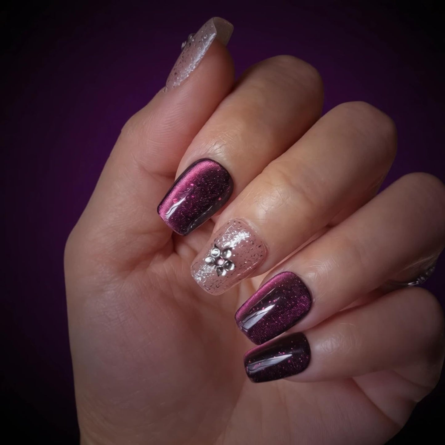 Tesytto Handmade Short Square Press On Nails, Purple Cat Eye Glitter False Nails with 3D Star Rhinestone, Reusable Fake Nails for Women, 10Pcs (Gemstone Starry Night, L)