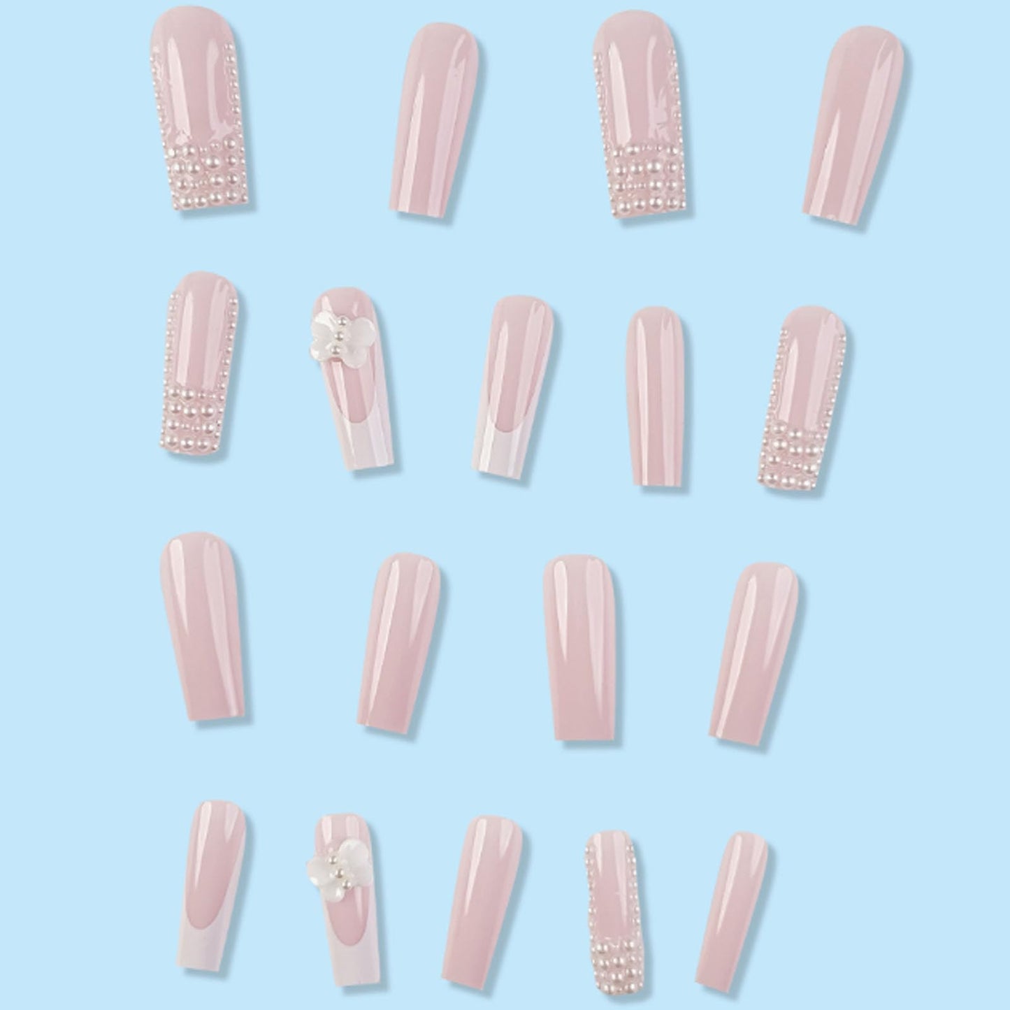 Kamize Long Fake Nails French Press on Nails Full Cover Acrylic Square Pearl Fake Nails for Women and Girls 24PCS