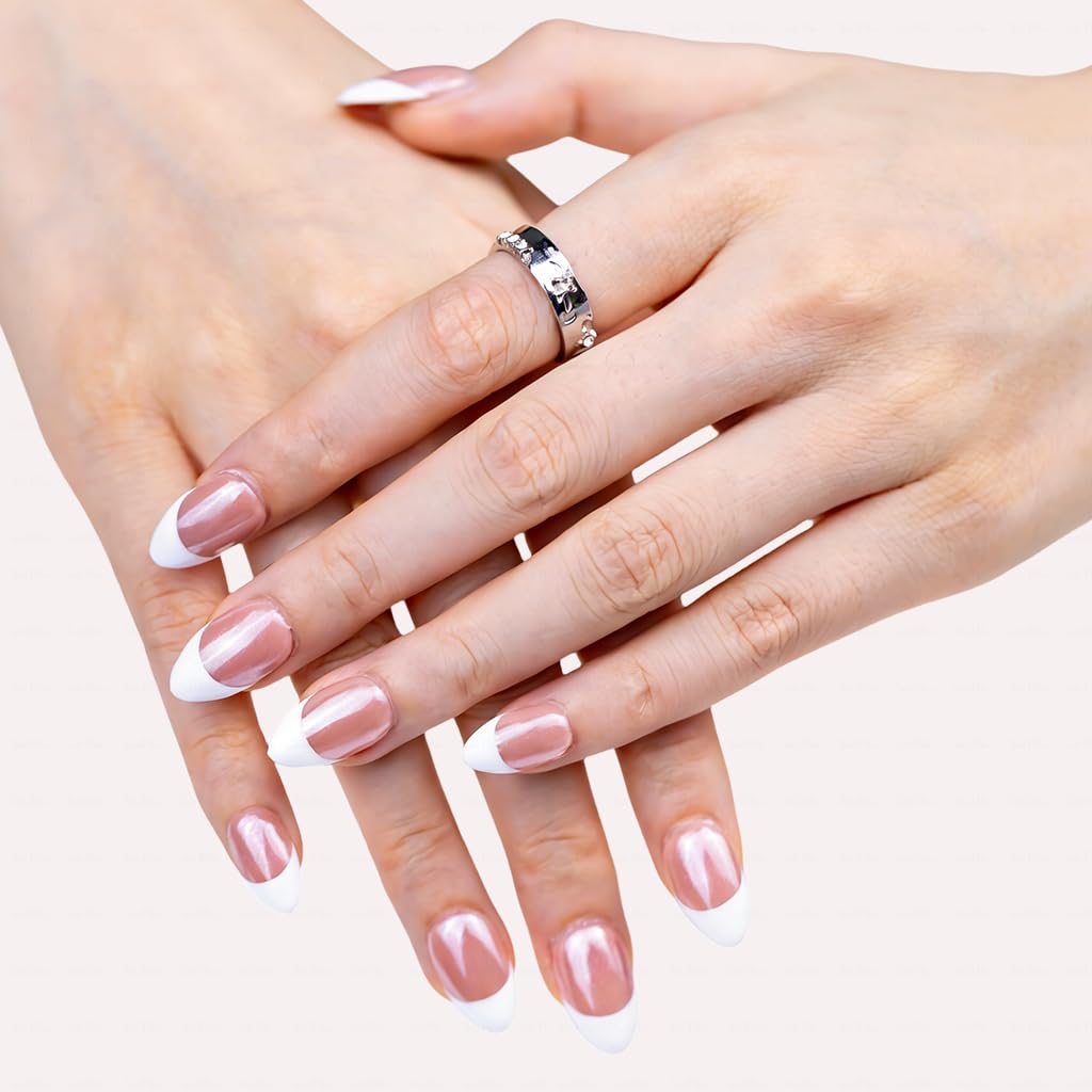 IntoVibes 10 Pieces Handmade Short Almond Press On Nails, Pink And White Thickened False Nails, Color Block Nail, Reusable Fake Nails Almond, Reusable Acrylic Nails (M)