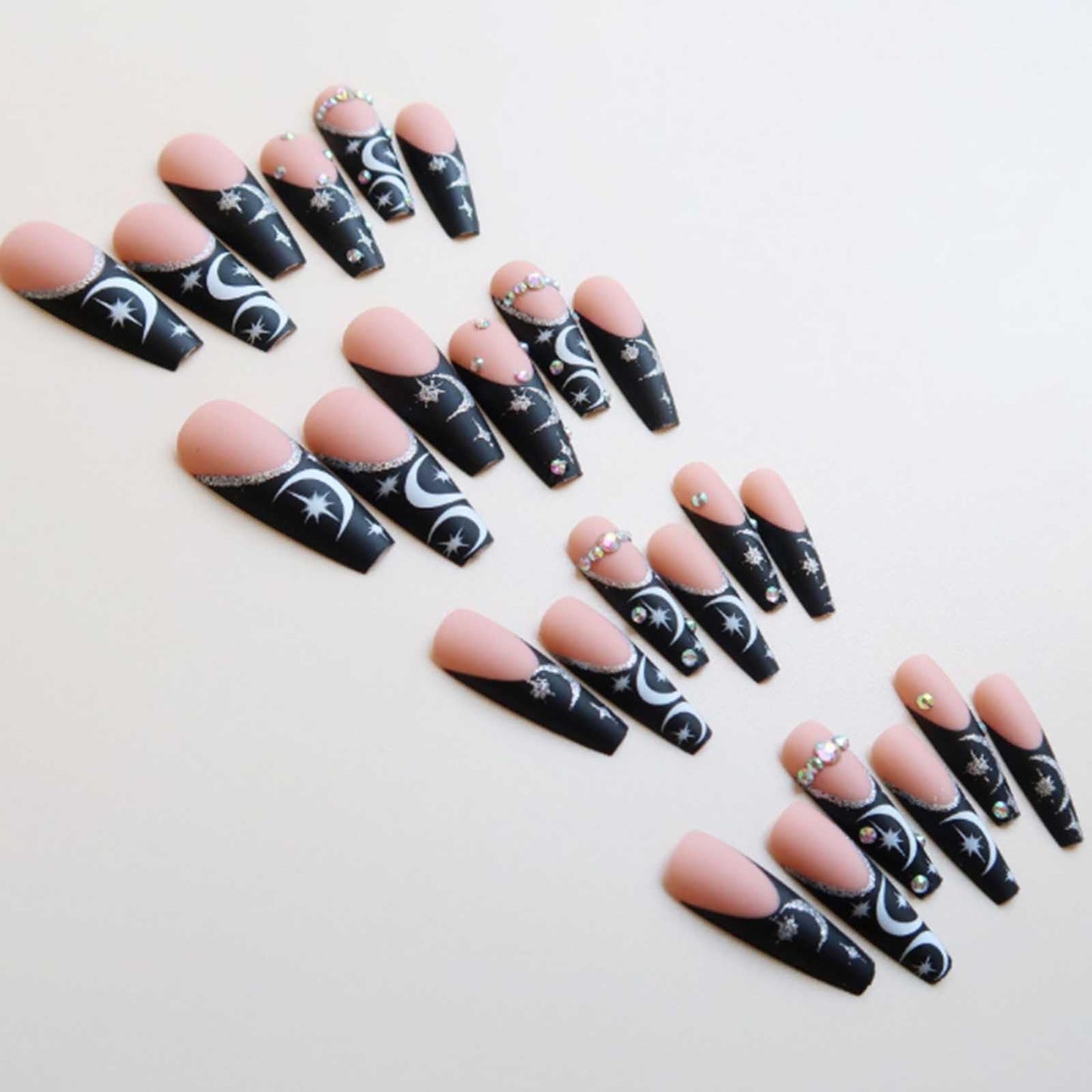Gifiky Coffin Fake Nails Long French Press on Nails Moon Pattern Nails Tips Acrylic Full Cover Bling False Nails for Women and Girls 24Pcs