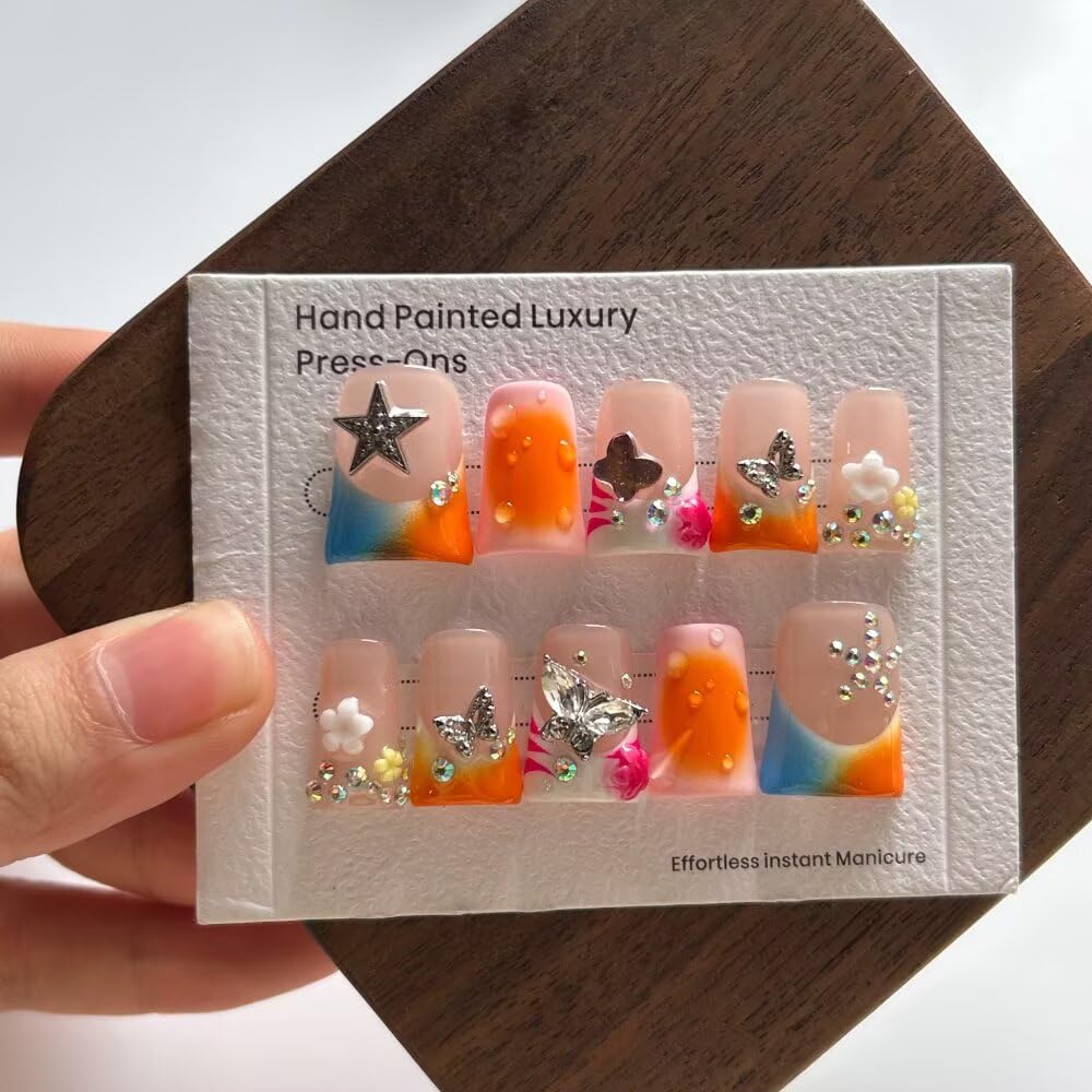 MXYIYANR Press On Nails - Handmade Nails Yellow Duck Nails for Women, French Pearl Nail Tips Reusable Stick On Fake Nails, DIY Art Decorate with Nail File Kit (SIze M)
