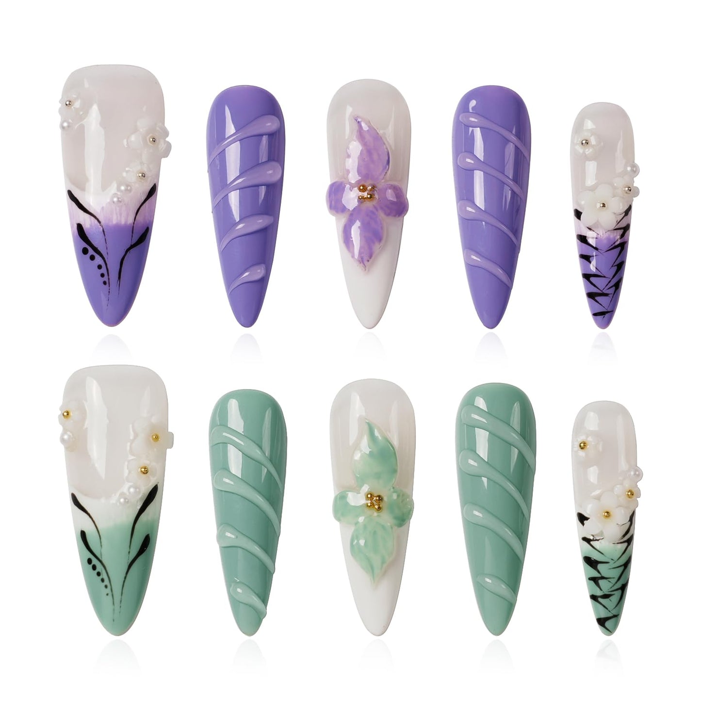 Tesytto Purple & Green Press on Nails Long Stiletto - Handmade Floral Leopard French Tip, Luxury 3D Flower Design, Spring Vacation Salon Finish Stick on Nails (Flower Fairy,S)