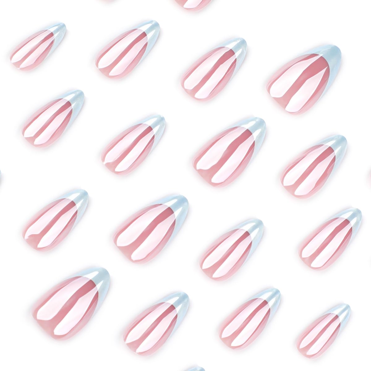 Blue French Tip Press on Nails Medium Almond Fake Nails Chrome Nails Press ons with Glazed Design,Summer Reusable Acrylic Nails Full Cover Glue on Nails for Women Manicure 24Pcs