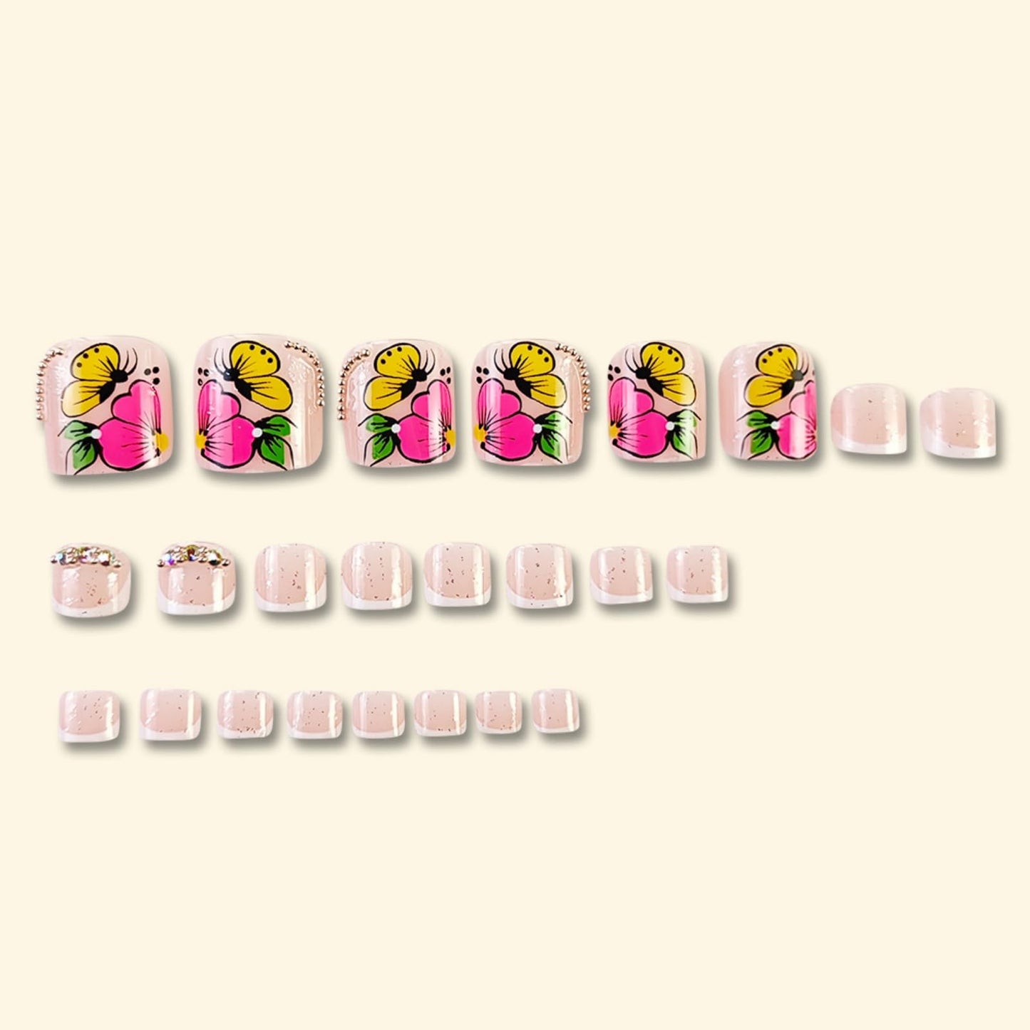 Flower Press on Toenails Short Square Fake Toenails White French False Toe Nail Full Cover Acrylic Glue on Toenails Rhinestones Butterfly Stick on Toe Nails for Women Manicure 24 Pcs