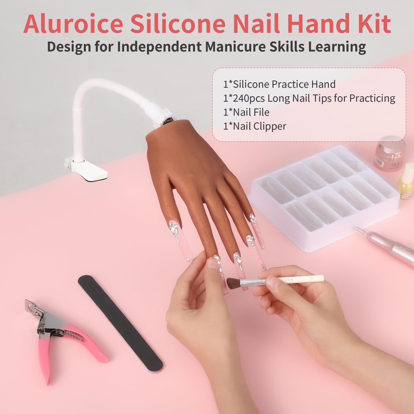 Silicone Practice Hand for Acrylic Nails: Soft Touch Liquid Silicone - Flexible Realistic Nail Mannequin Hand Practice for Training (BROWN)