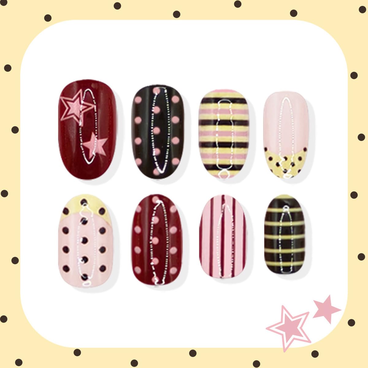 Summer Press on Nails Colorful Fake Nails Short Almond Nails Press ons with Star Lines Polka Dot Design Cute Nails Full Cover Acrylic Glue on Nails for Women Girls Manicure 24Pcs