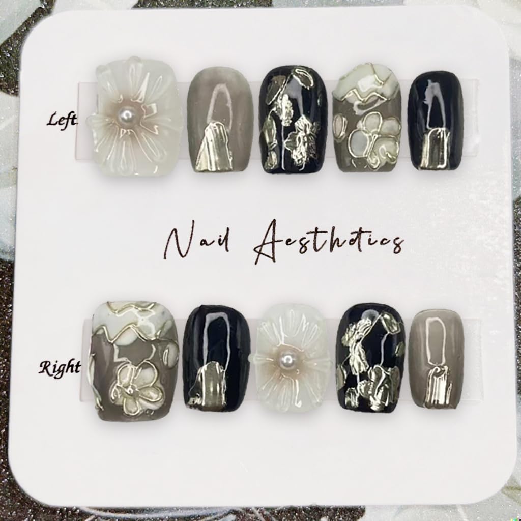 Square Press on Nails Full Cover Fake Nails with White Flower Handmade Press on Nails Short Black False Nails Embossed Silver Floral Acrylic Nails Thick Stick on Nails for Women Nail Art DIY（S)