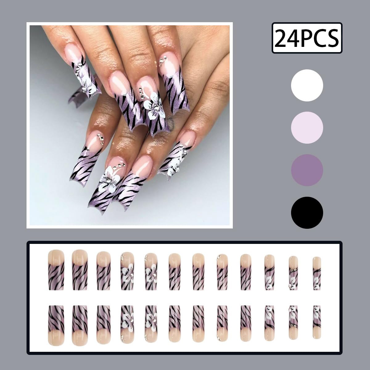 24Pcs Purple Press on Nails Long Coffin French Tip False Nails Glossy Flower Acrylic Fake Nails with Glitter Rhinestones Design Black Stripes Stick on Nails Reusable Glue on Nails for Women