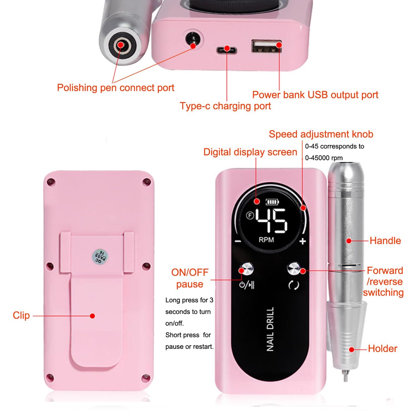 Electric 45000RPM Nail Drill Machine Rechargeable Portable Nail File Electric DIY Nail Drill Kit with Smart LCD Screen for Gel Nail Manicure and Pedicure Reflective Body etc(White)
