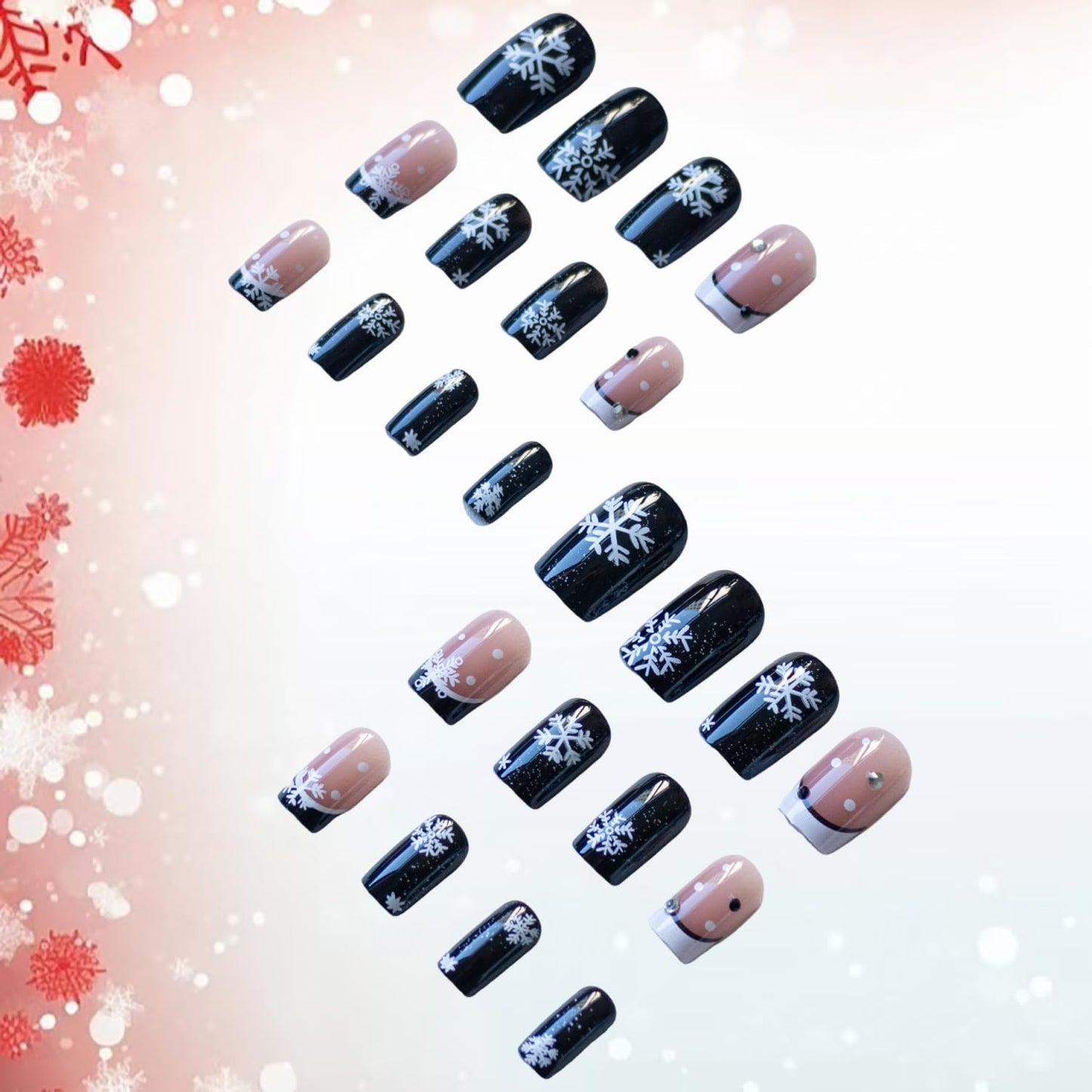 Short Press on Nails Christmas Nails Press ons French Tip Fake Nails with Rhinestone and Snowflake Designs Full Cover Gradient Stick on Nails Reusable Nail Black Glue on Nails Holiday Manicure 24Pcs