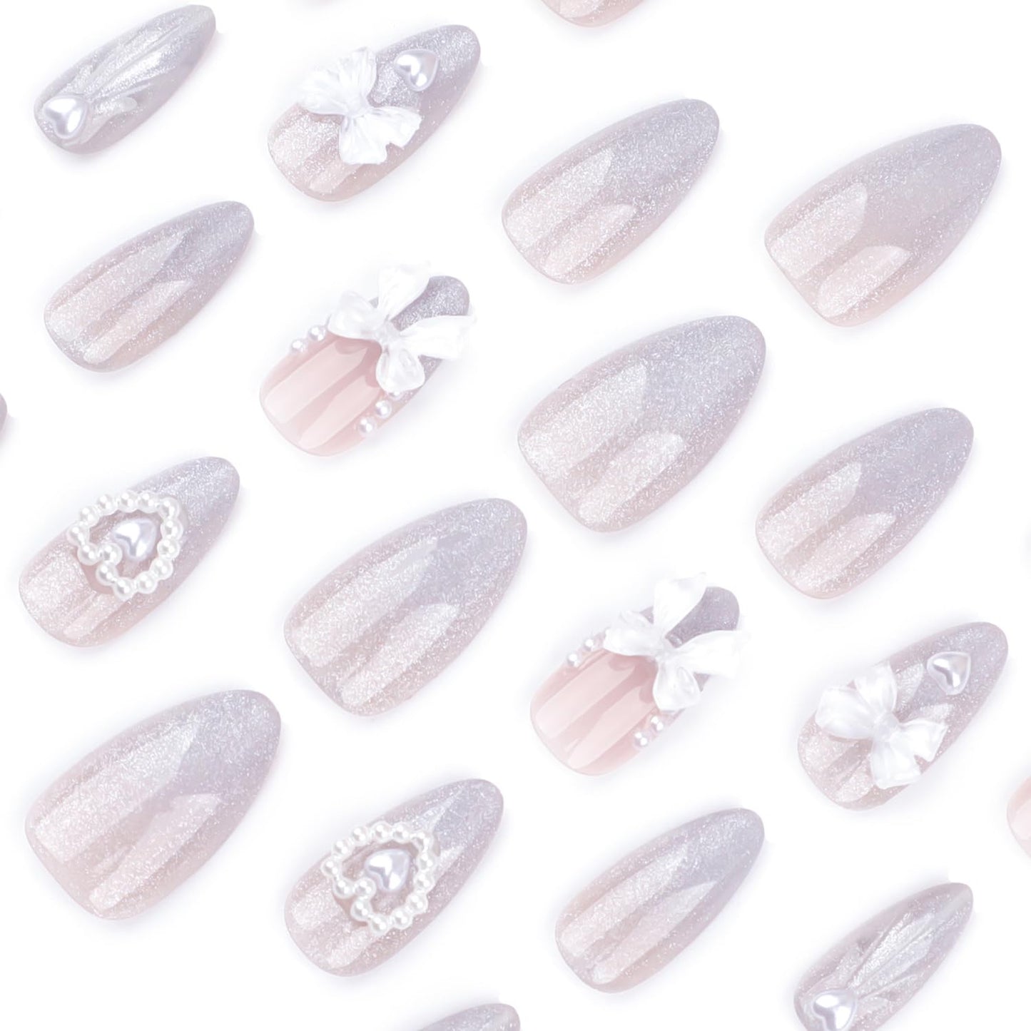 24Pcs Glitter French Tip Press on Nails Medium Almond Fake Nails Glossy Gradient False Nails with 3D Ripple Pearl Heart Design White Bow Stick on Nails Glue on Acrylic Artificial Nail for Women Decor