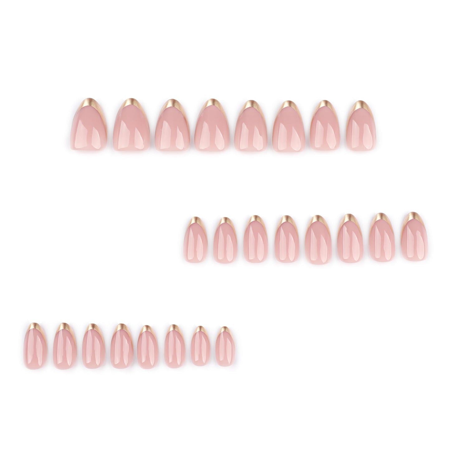 Stbisen Almond Press On Nails Short, Pink Fake Nails with Elegantly Crafted Gold French Tips, Glossy Gel Finish, Thick Natural Reusable Glue On Nails Kit for Women 24Pcs, Golden French Chic