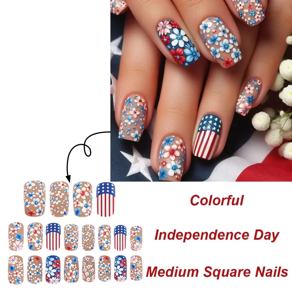 4th of July Press on Nails Medium - Square Fake Nails with Flower Design - American Flag, Independence Day False Nails - for Women 24 Pcs