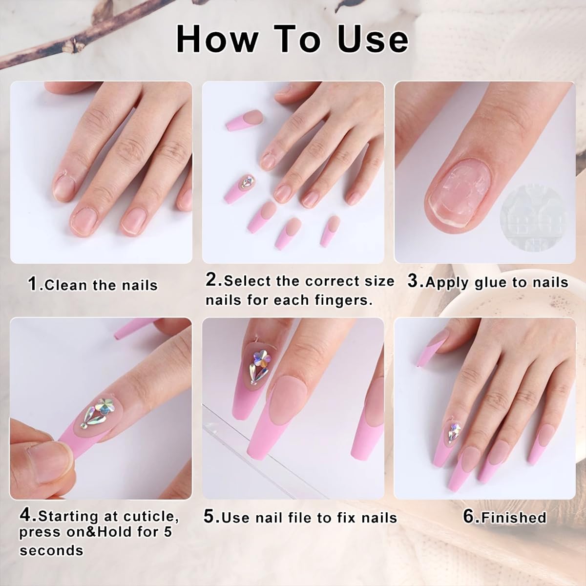 24Pcs Leopard Print French Tip Press on Nails Medium Almond Flower Fake Nails with Gold Rose Rhinestones Design Pink Full Cover Artificial Glue on Nails Glitter Stick on Nails for Women Spring Set