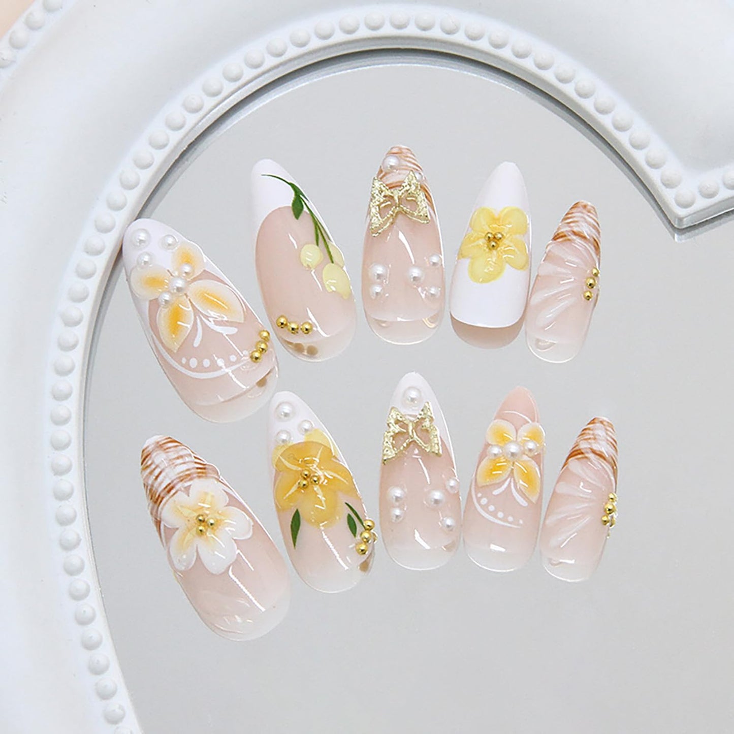 24Pcs Spring Press on Nails Medium Almond Fake Nails with Pearl Butterfly Rhinestones Designs 3D Flower False Nails Yellow Butterflies Acrylic Nail French Tip Full Cover Glue on Nails for Women