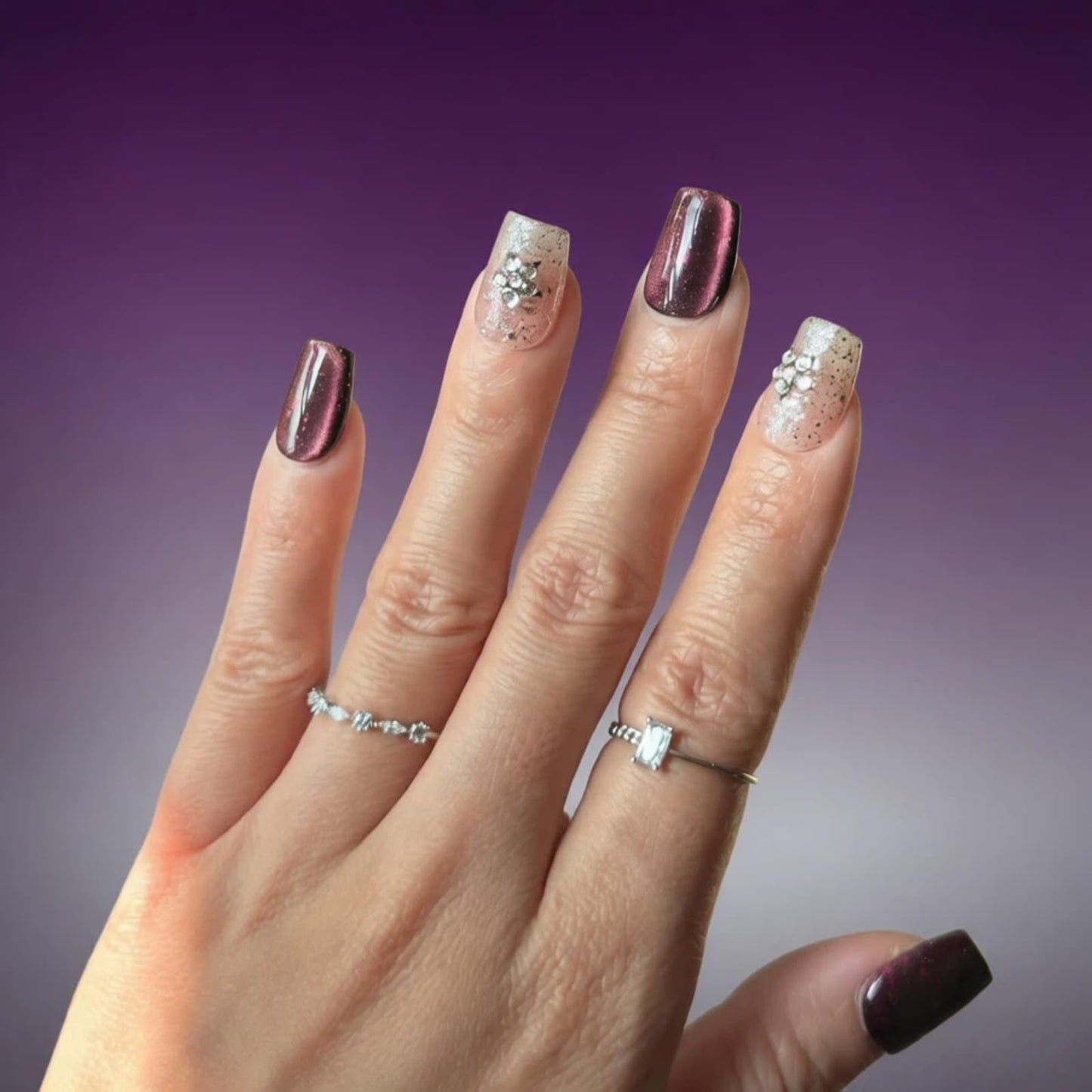 Tesytto Handmade Short Square Press On Nails, Purple Cat Eye Glitter False Nails with 3D Star Rhinestone, Reusable Fake Nails for Women, 10Pcs (Gemstone Starry Night, M)