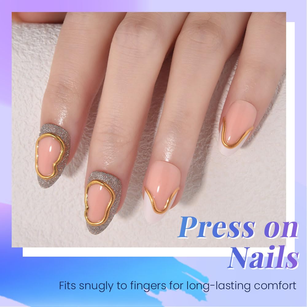 evpct French Tip Press On Nails Short Almond, Nude + Gold Line & White Tips, Silver Gray Glitter Short Almond Fake False Press on Nails, Reusable Gel Stick on nail Press ons with Nail Kit