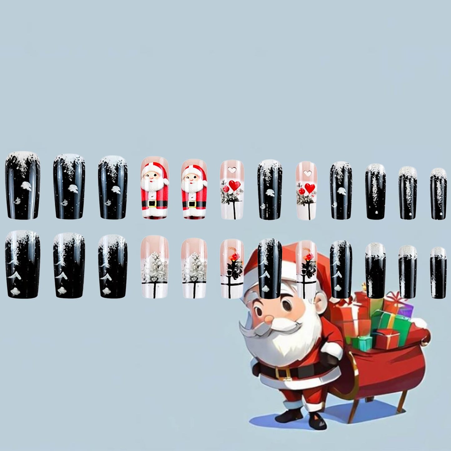 Santa Claus Press on Nails Christmas Medium Square False Nails 24Pcs Snowflake Stick on Fingernails Glossy Red Love Heart Acrylic Fake Nail Flower Gel Glue on Nail for Women Xmas Gift