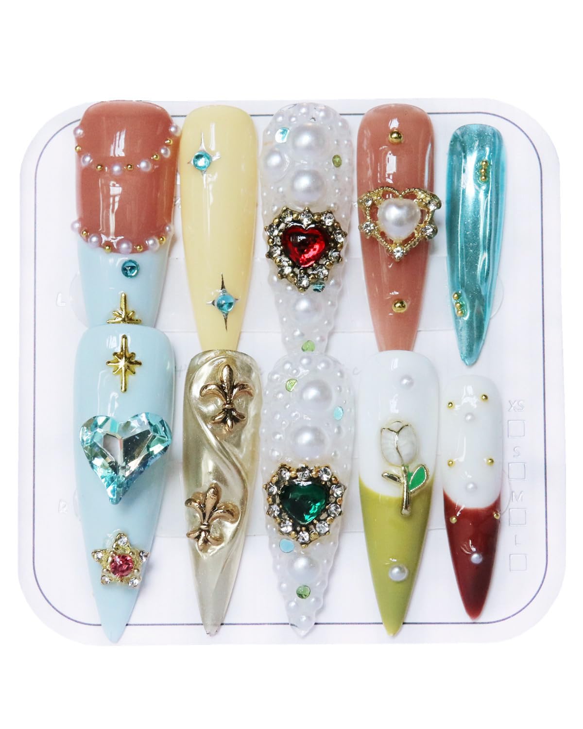 CAMILCY Luxury Handmade Press on Nails Extra Long Stiletto 3D Pearl Gemstone Fake Nails Almond Acrylic Nails Crystal Jewelry Design Salon Quality Reusable Acrylic Nails for Women (A025, L)