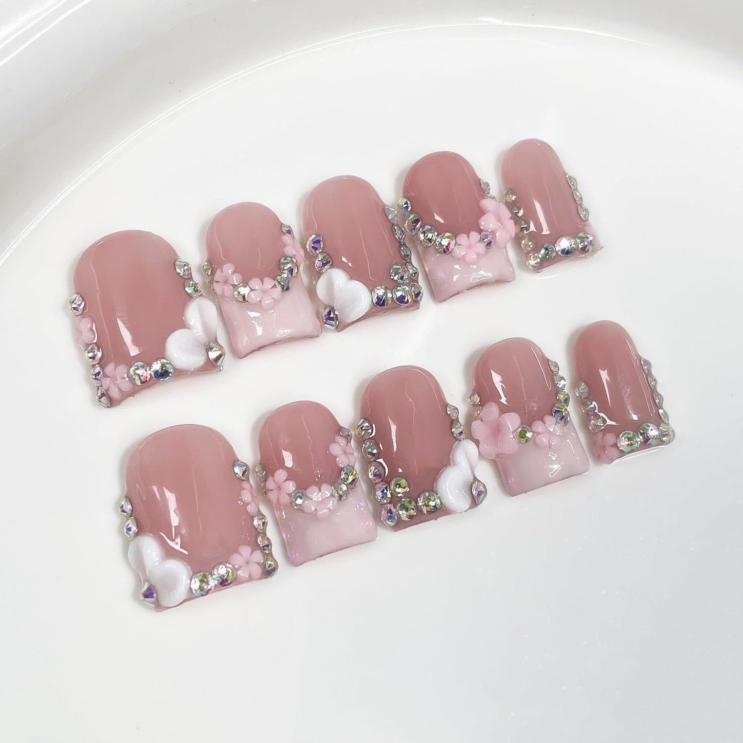 Handmade Press on Nails Short Square 3D Floral Pink French Tip Acrylic Fake Nails with Rhinestone Designs Muti-Layer Gel Thicked Stick on Nail Art Glossy False Nails for Women (M)