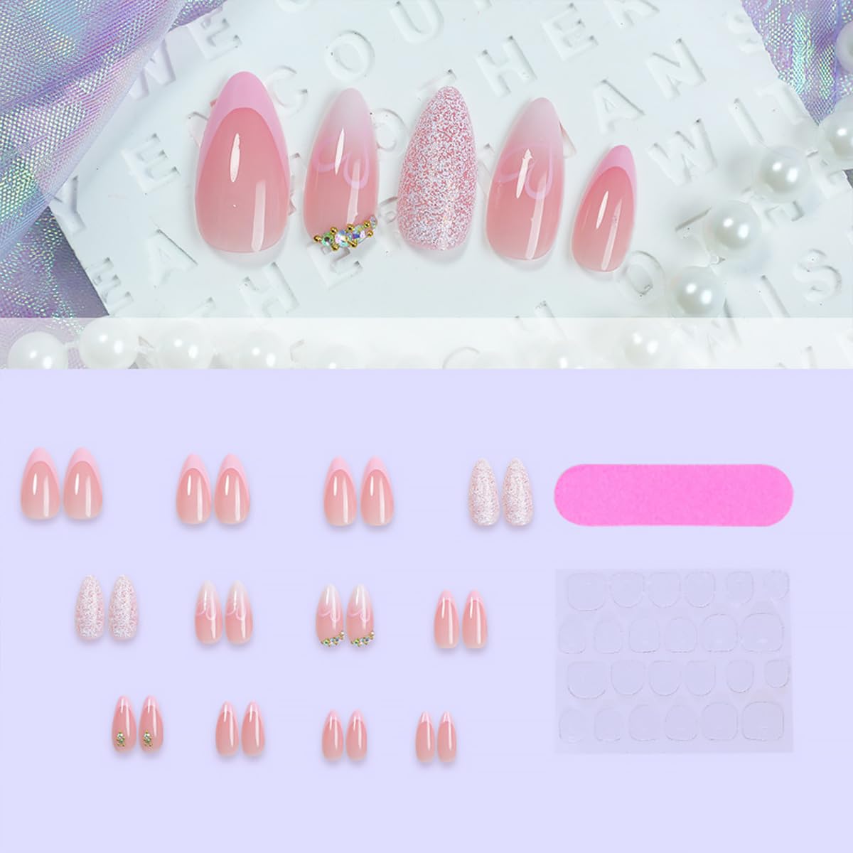 24Pcs Valentines Press on Nails Medium Almond French Tip Fake Nails Pink Heart False Nails Silver Glitter Full Cover Artificial Glue on Nails with Rhinestones Design Cute Stick on Nails for Women DIY