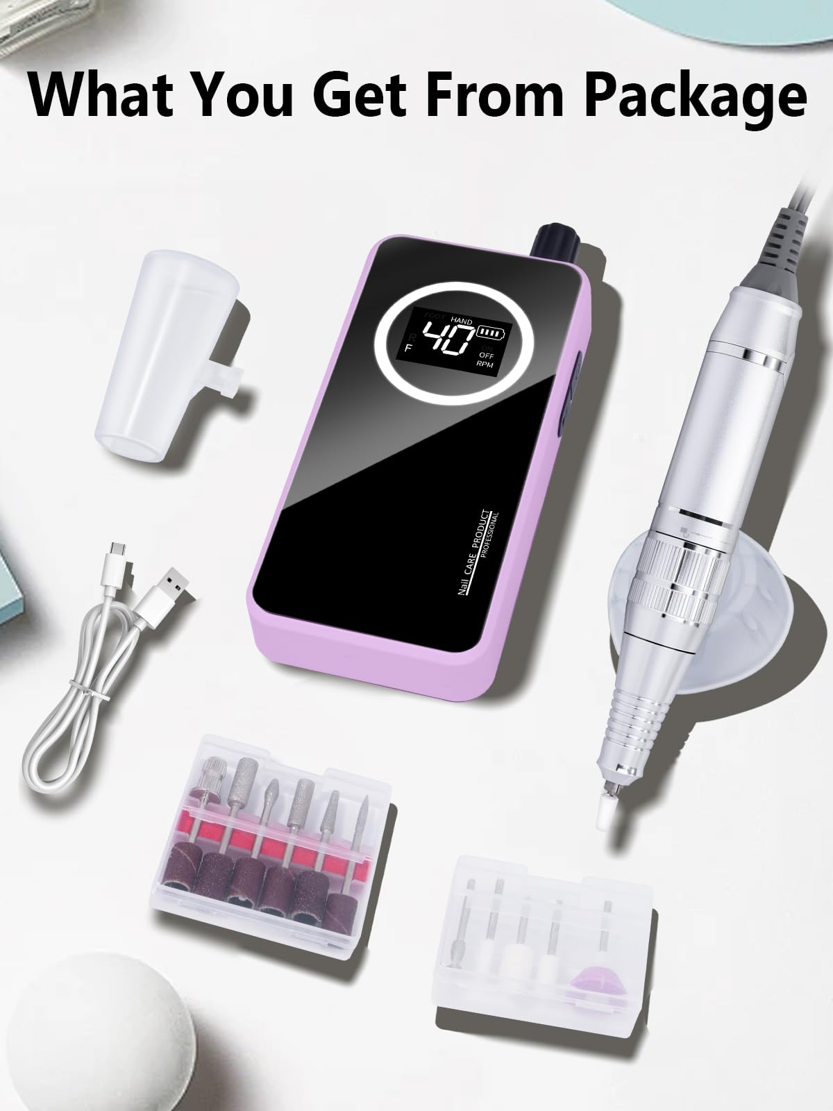 Nail Drill, Portable Electric Nail File 50000RPM, Rechargeable Nail Drill Professional with Bits for Acrylic Gel Nails, E-File Machine Manicure Polishing for Salon Home, Purple