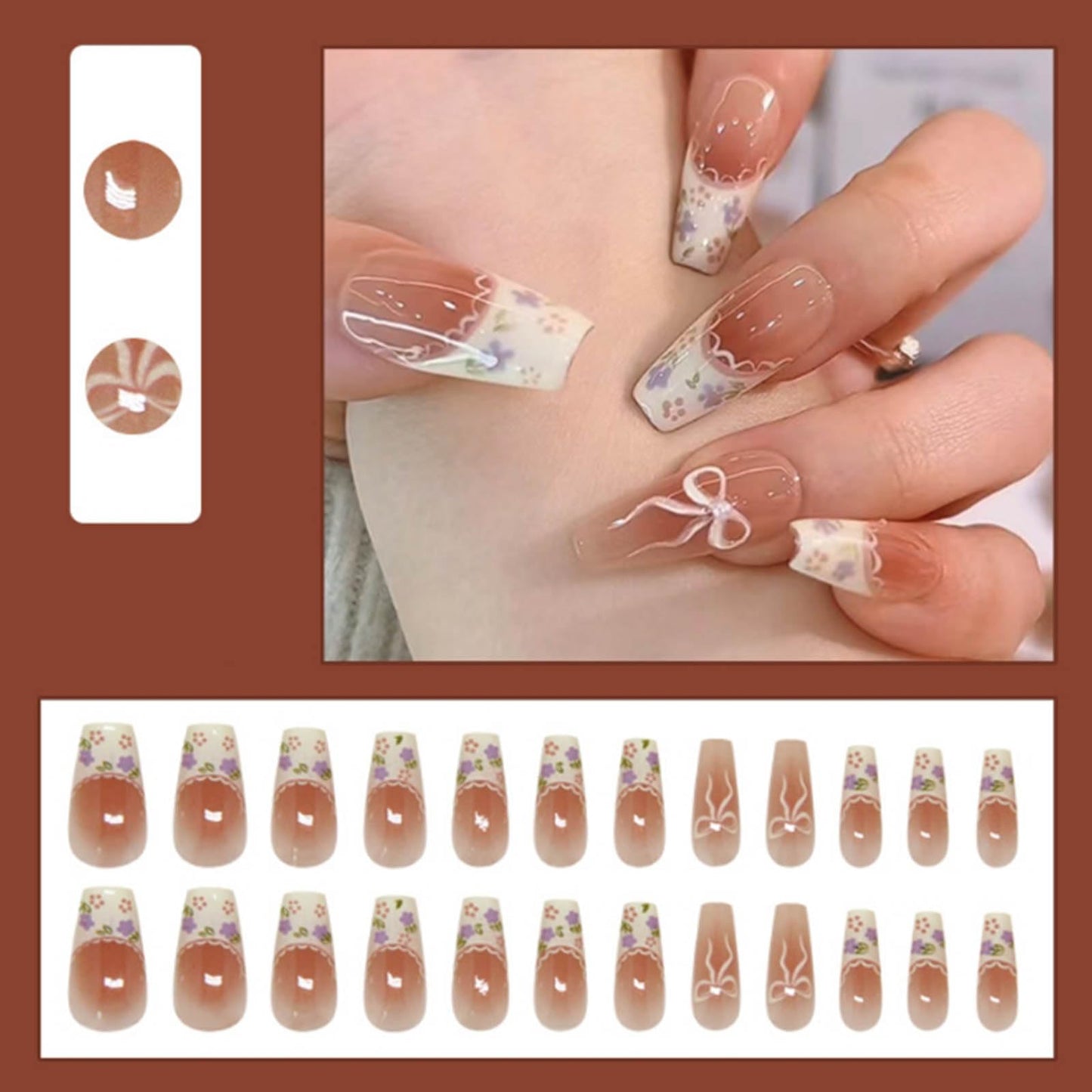 DANMANR Long Press on Nails Coffin French Fake Nails Full Cover Nude Acrylic Gradient False Nails for Women and Girls24PCS (Pink Lace)