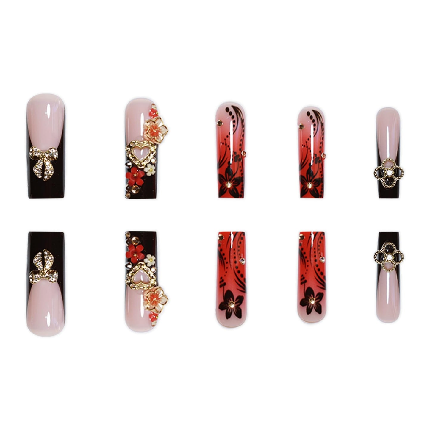 Long Press on Nails Square Fake Nails Red French Artificial Nail with 3D Flowers and Gold Charm Designs Cute Fall Nail Glossy Stick on Nails for Women 24pcs
