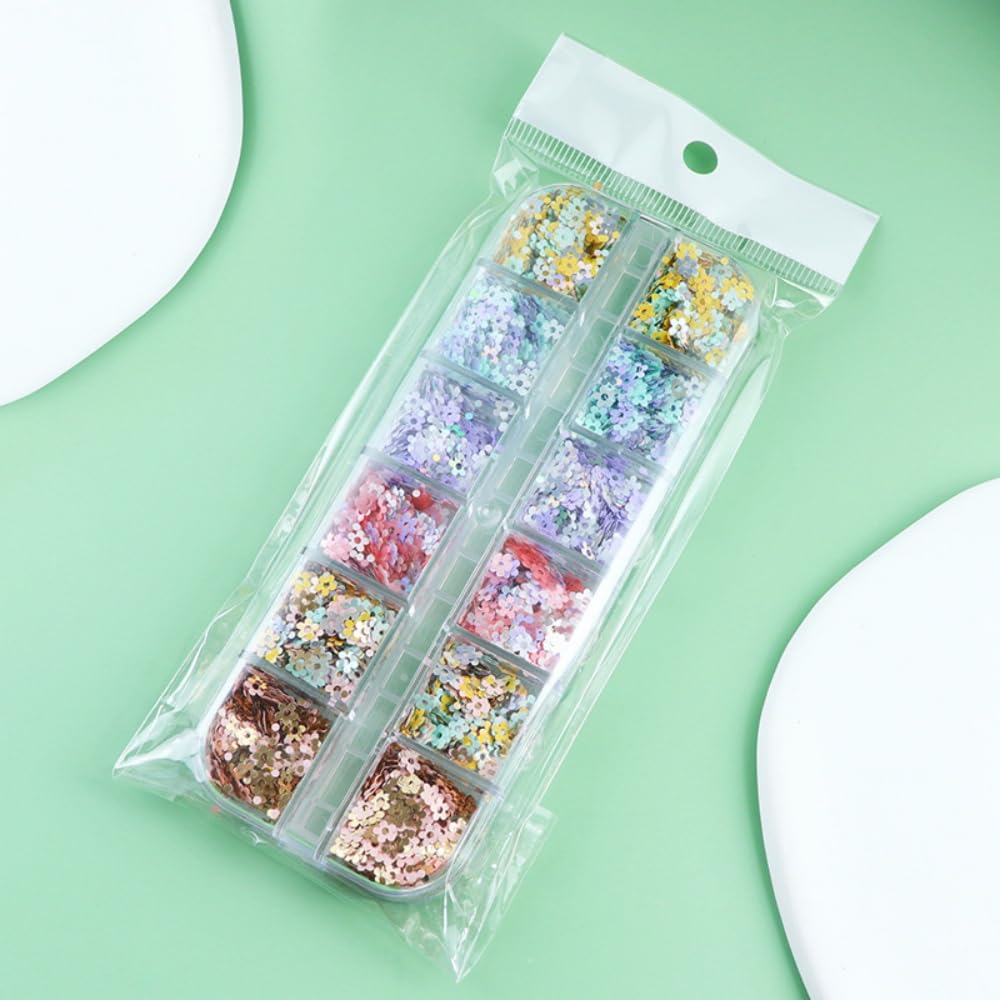1 Box 6 Color Holographic Flower Nail Glitter Laser Aurora Pink Nail Sequins 3D Blue Purple Nail Flakes Sparkly Powder Flakes Shiny Nail Glitter Colorful Nail Sequins Glitter for Nails Art 12 Grids