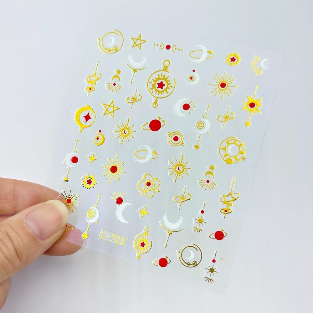 Bohemia Nail Stickers for Nail Art Gold Moon Sun Star Heart Nail Art Stickers Boho Nail Decals 3D Self-Adhesive Colorful Retro Nail Sticker for Women Girls DIY Manicure 6Sheets