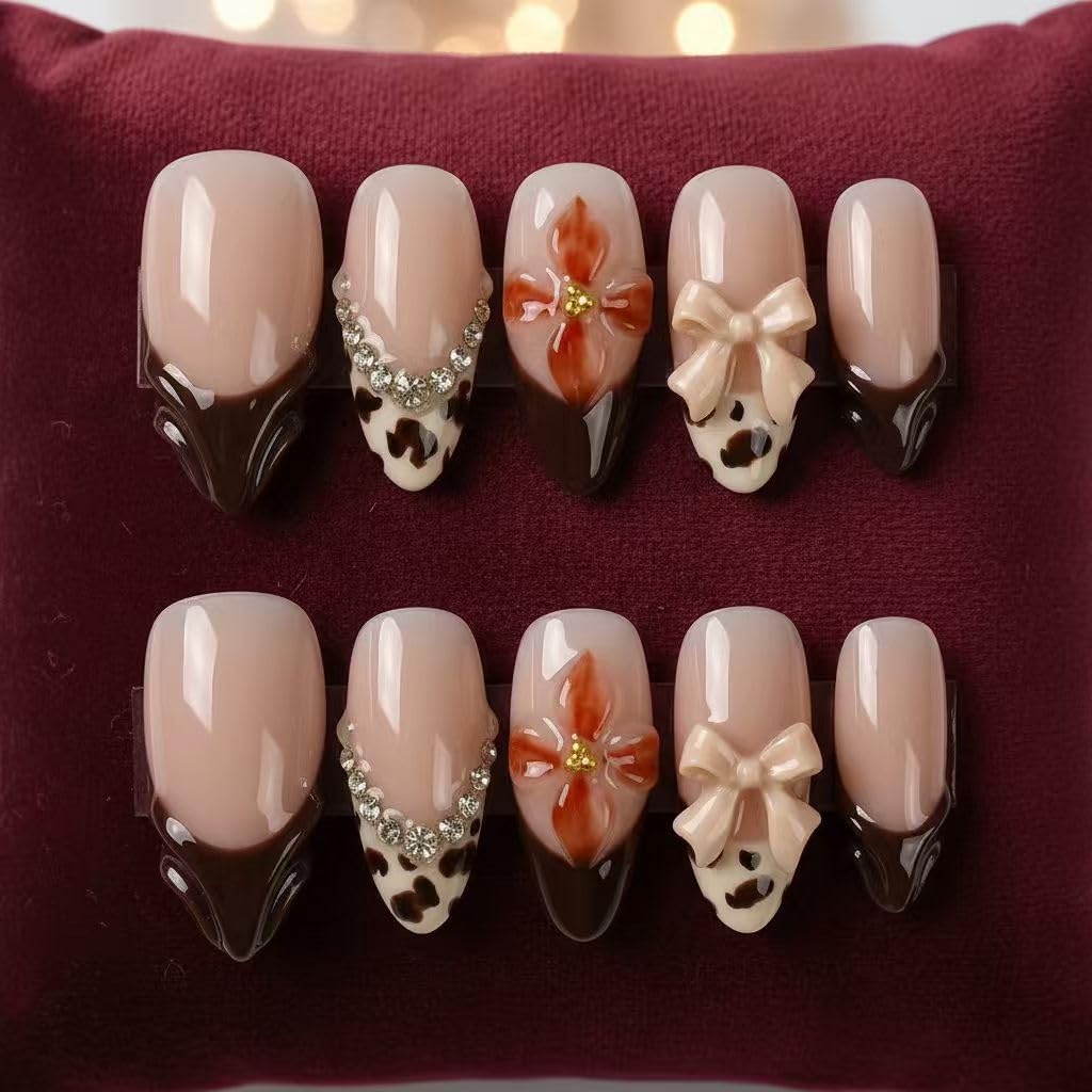 MikaJayboo Handmade Medium Press on Nails Almond Brown French Tip Fake Nails with Leopard Print 3D Bow & Flower for Women Glue 0n Nails for Daily & Party 10Pcs(M)