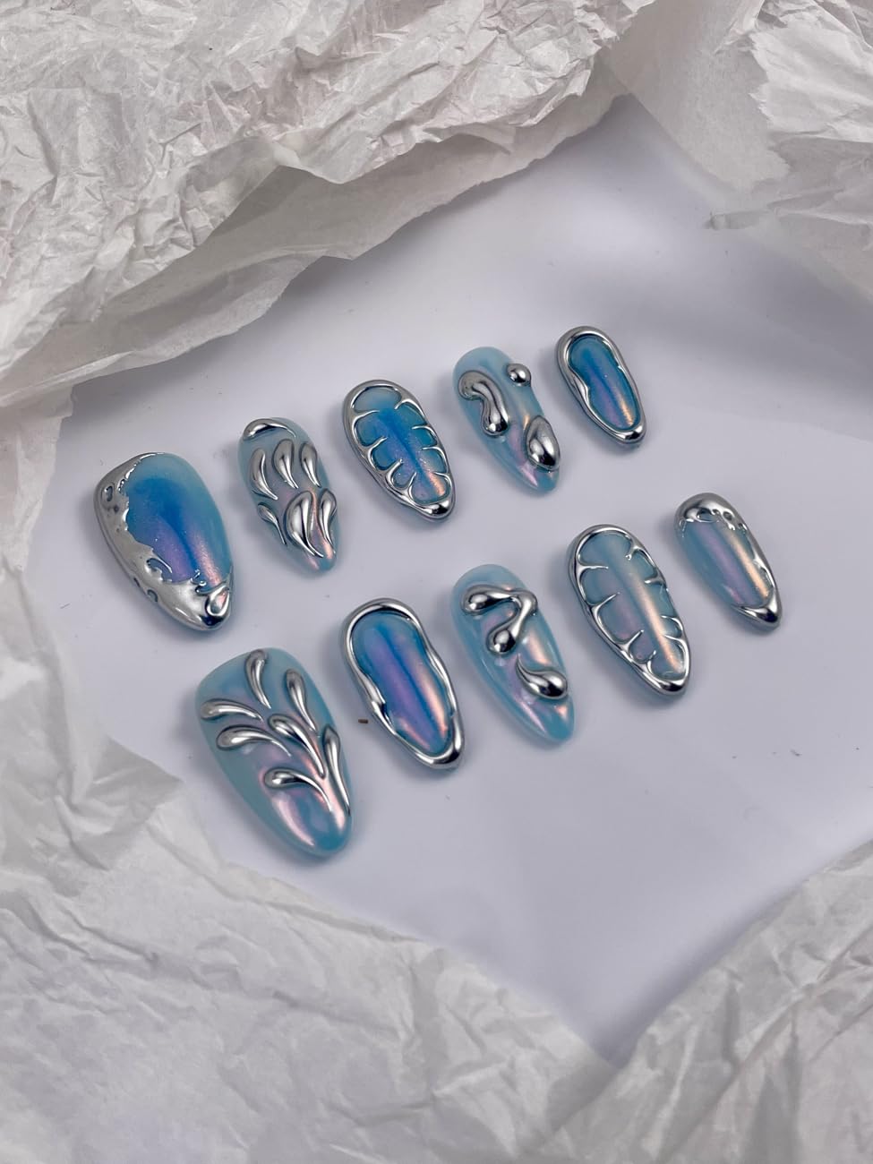 RDNTBEU Press on Nails Blue Ombre Medium Almond 3D Fake Nails Reusable Luxury Handmade False Nails with Design Solid Chrome,Press ons Muti-Layer Gel Handmade Nails for Wome Manicure(Size L)