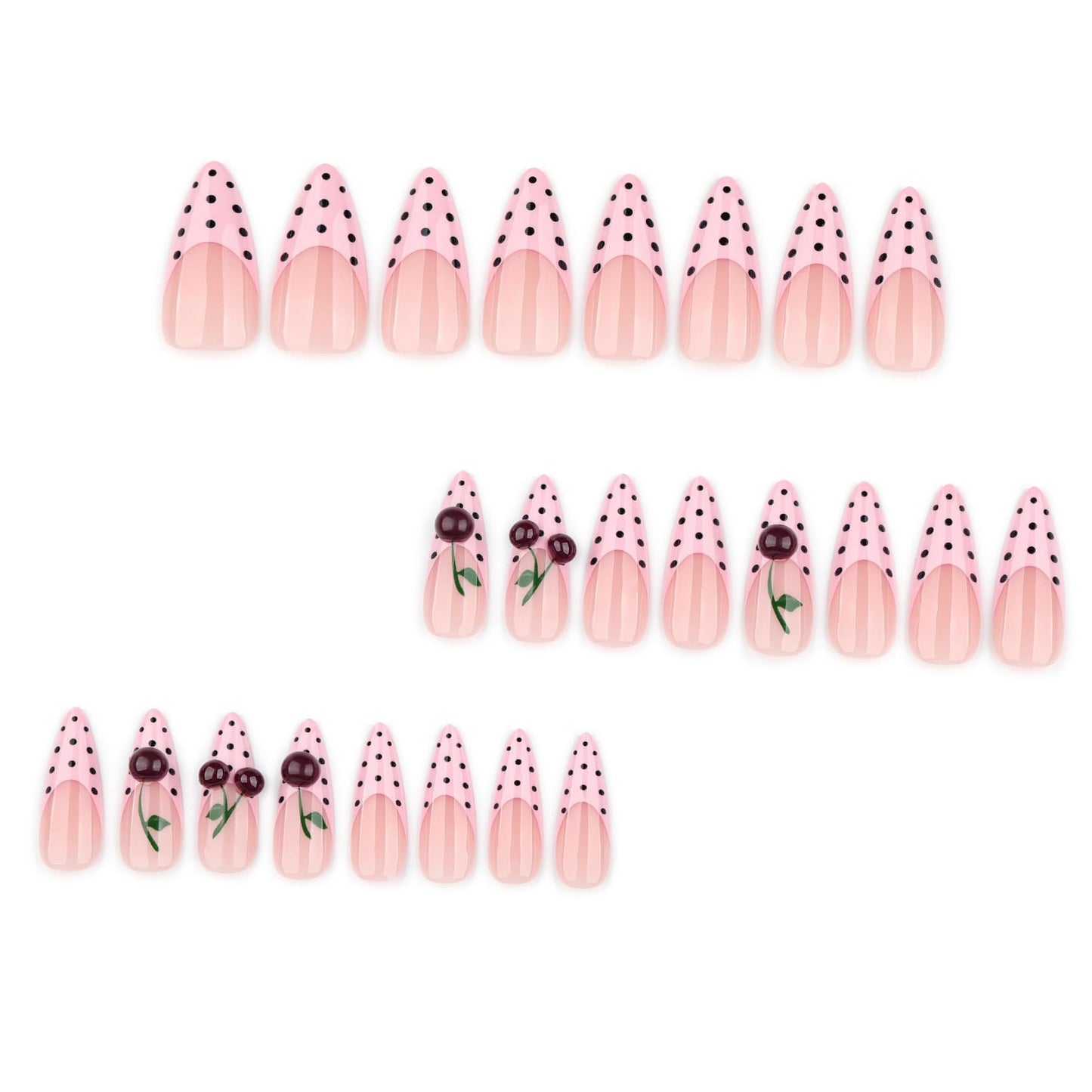 Long Almond Press on Nails for Women 3D Cherry Polka Dot Fake Nails Artificial Stick on Nail