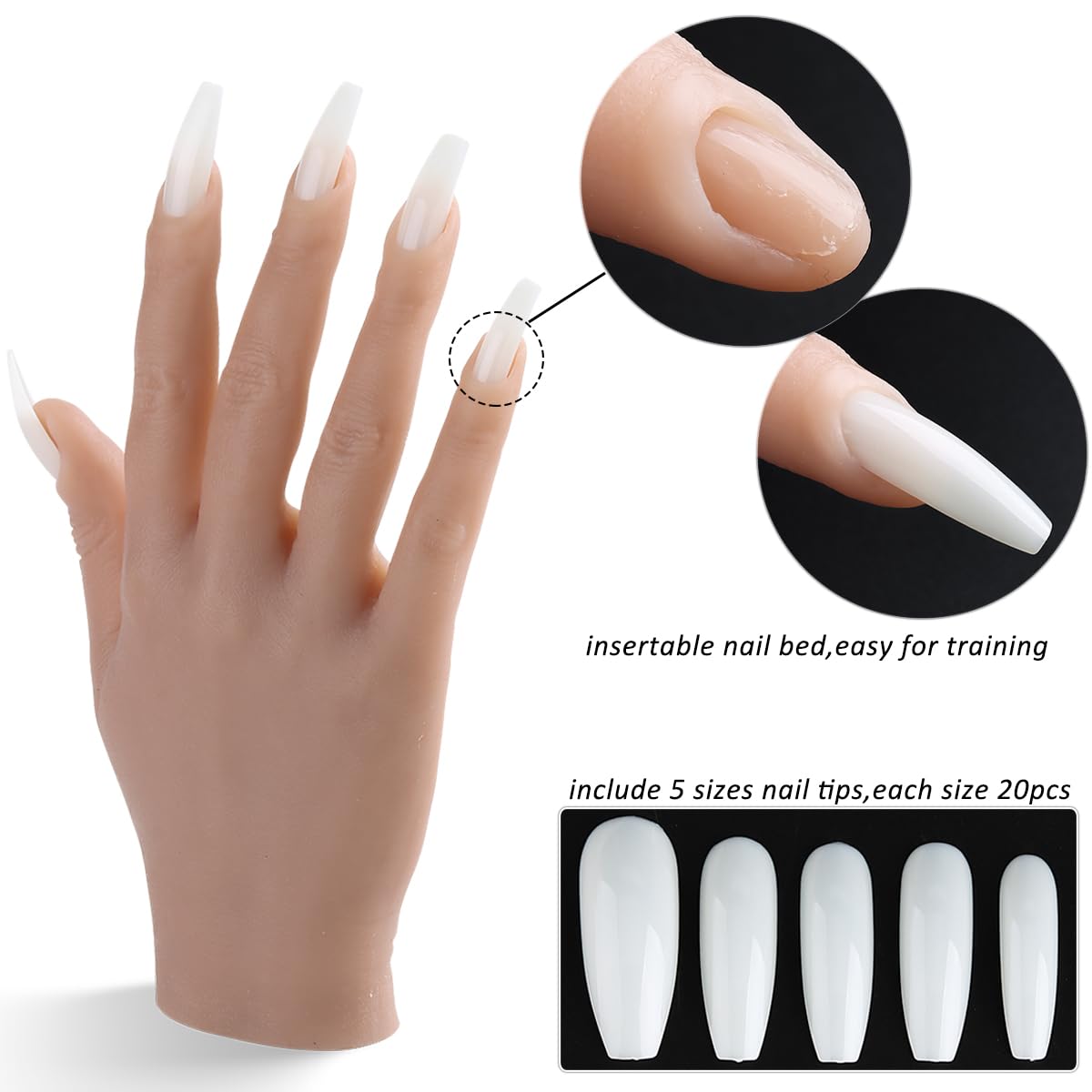 Fcozpjk Silicone Practice Hand for Acrylic Nails, Soft Flexible Fake Hand Practice Nail Acrylic Technician Fake Nail Mannequin Hand with 100PCS False Nail Tips, Nail Art Beginner Kit Training Tools