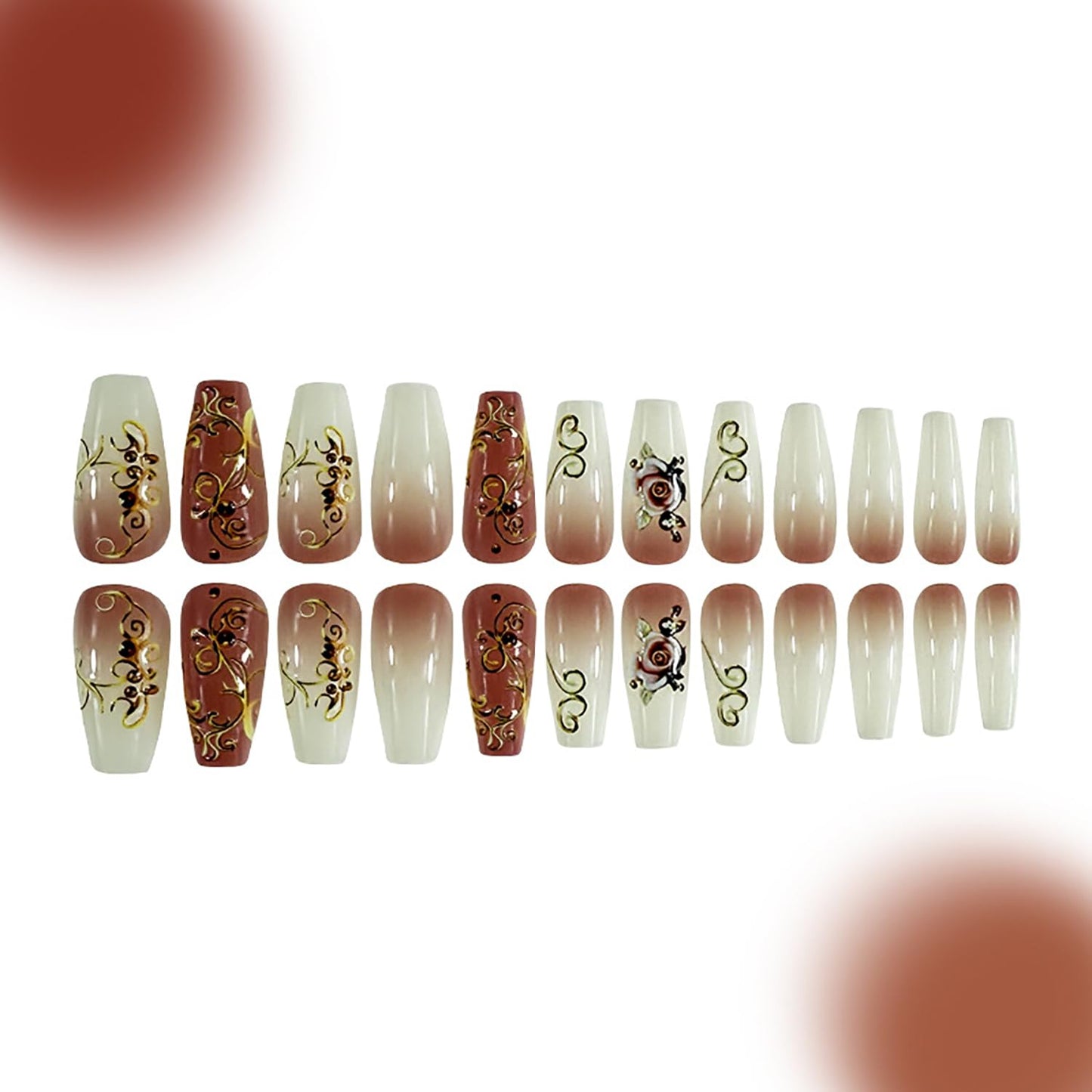 24Pcs Rose Flower Press on Nails Medium Ballet Shaped Gold Lines Design Gradient Acrylic Fake Nail Full Cover Glossy Blossom Stick on Nail Floral Artificial Fingernails DIY Glue on Nails for Women